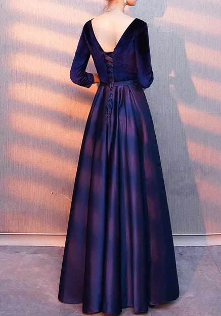 Luolandi Navy Blue V-neckline Satin and Velvet Bridesmaid Dress Wedding Party Dress Evening Dress Formal Dress